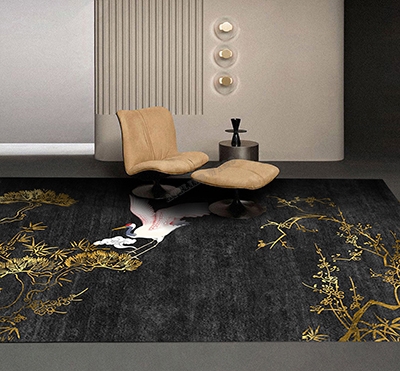 Tapis Laine Dor Fait Main Grue Pin Cerisier Bambou Fond Noir